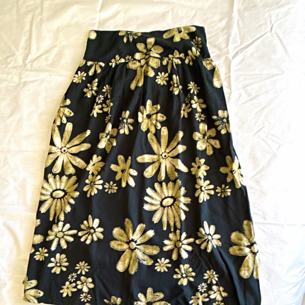 Natural Life Women's A-Line Midi Floral Skirt Black/Beige Elastic Pull On L